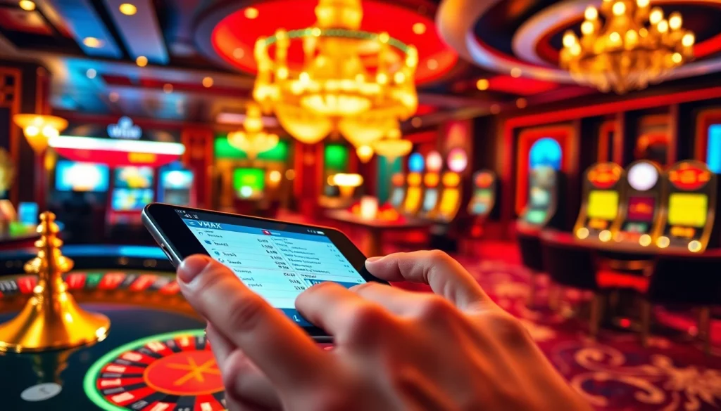 Experience seamless betting with the VMAX app in a luxurious casino setting featuring vibrant games.