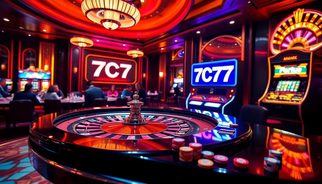 Experience thrilling gameplay at 7C77 casino with vibrant chip stacks and a roulette wheel.