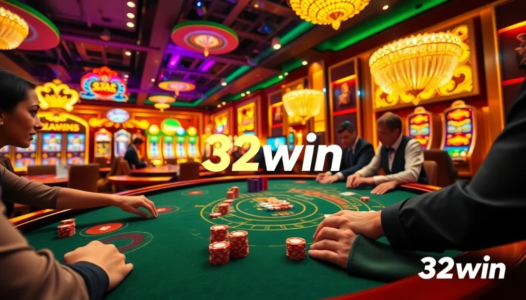 32win players enjoying a thrilling blackjack game at a luxurious casino table.