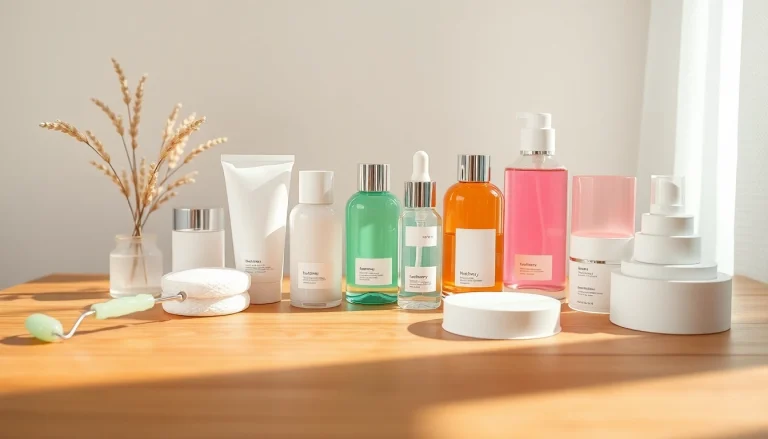 Koreanska hudvårdsprodukter stilfullt visade i en lugn hudvårdsmiljö med lyxiga texturer.