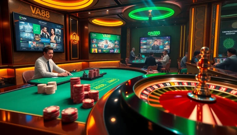 VA88 online casino gaming scene with poker chips and roulette wheel, showcasing excitement.