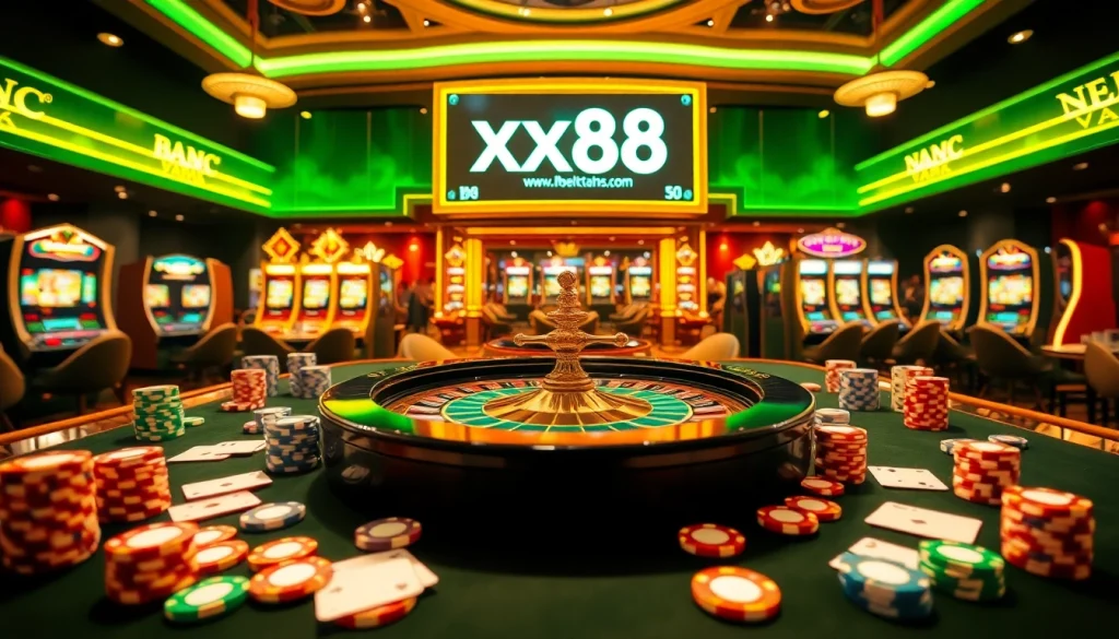 Experience the thrill of gaming at xx88 link with vibrant casino visuals featuring poker tables and slot machines.