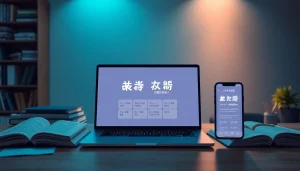 Explore the 有道词典 app on a laptop in a modern study setting, surrounded by educational materials.