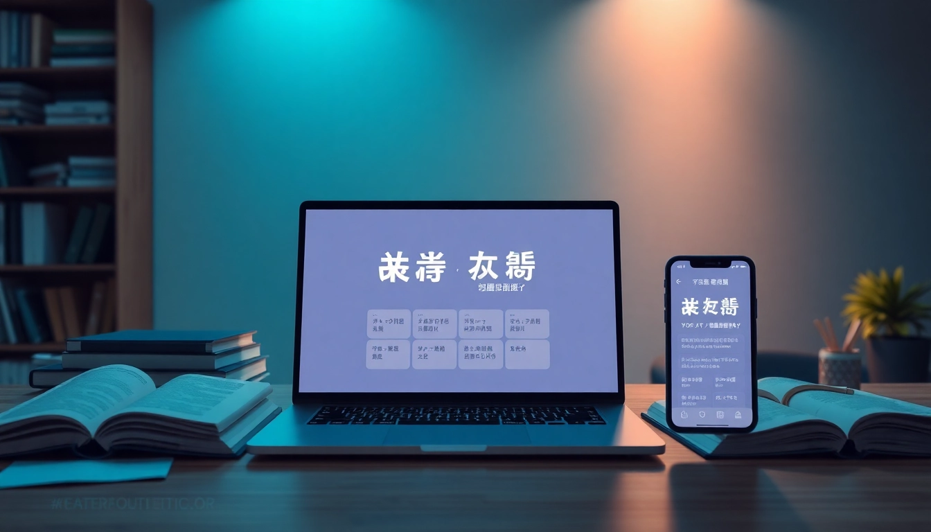 Explore the 有道词典 app on a laptop in a modern study setting, surrounded by educational materials.