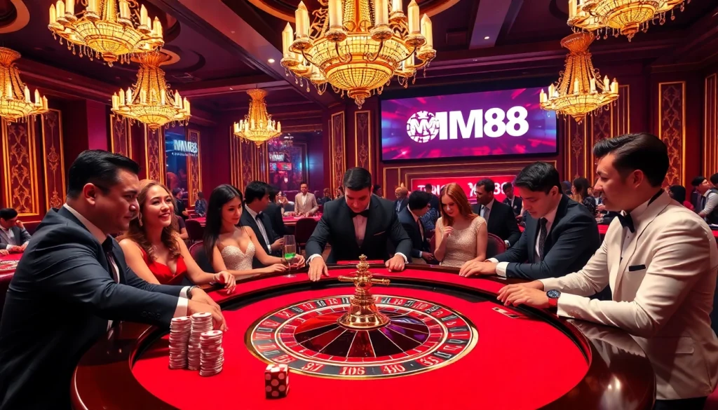Players at the MM88 casino excitedly placing bets on a roulette table, showcasing luxury and thrill.