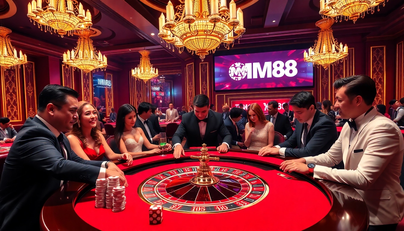Players at the MM88 casino excitedly placing bets on a roulette table, showcasing luxury and thrill.