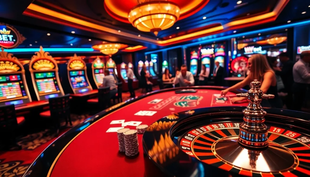 WINBET gaming experience with vibrant roulette wheel and engaged players at luxurious tables.