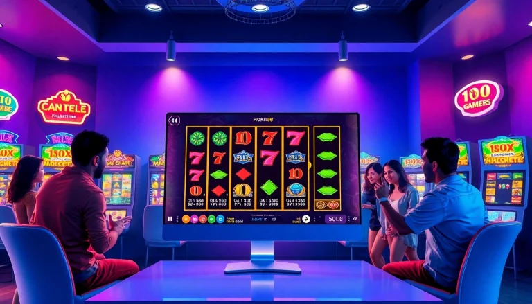 Exciting HOKI138 online gaming hub with vibrant slot machines and engaged players.