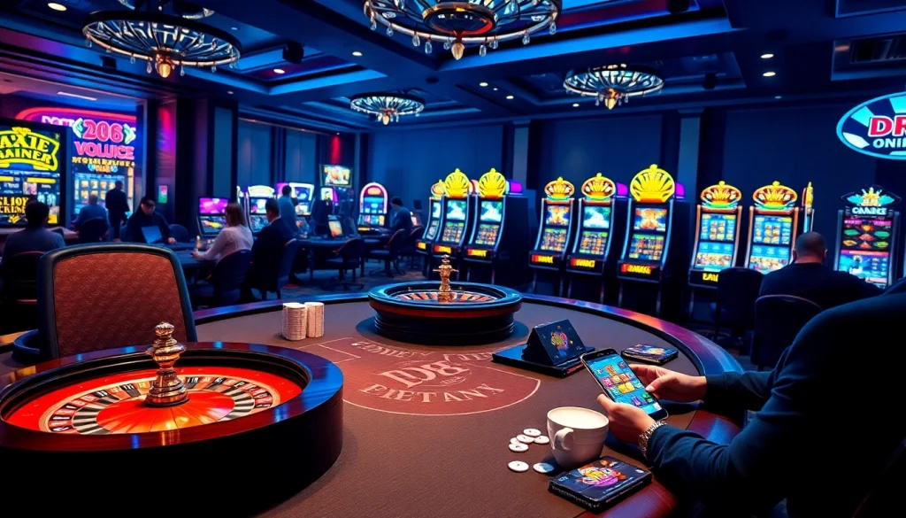 Engaged players at DR88 enjoying diverse online casino games under vibrant lighting.
