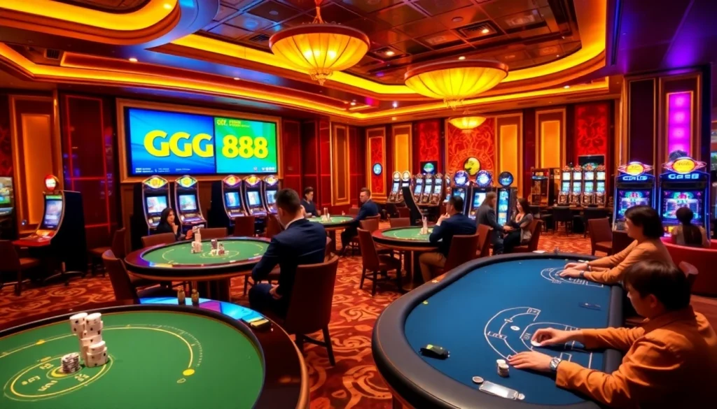 GG88 Casino scene with players excitedly betting at vibrant tables and machines.