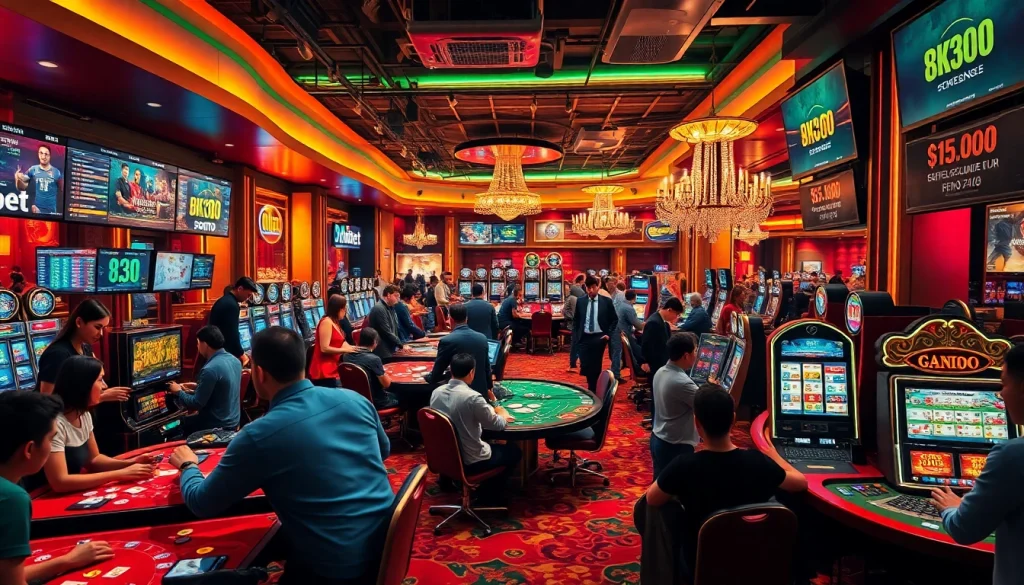 Experience the excitement of 8Kbet with players engaged in online casino games, showcasing vibrant colors and a professional atmosphere.