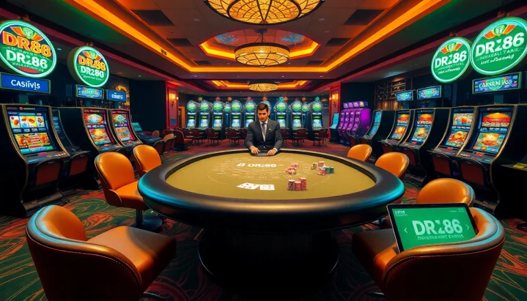 Experience thrilling gambling action at DR88 casino with vibrant slot machines and a professional gaming table.