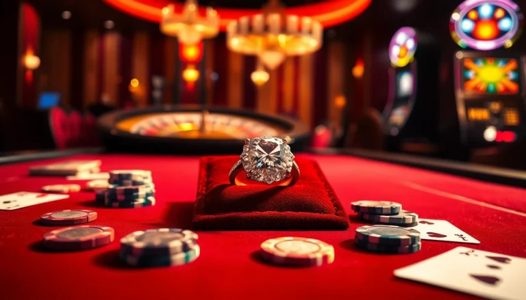 Showcasing a luxurious 鑽石戒指 on a casino table surrounded by poker chips and cards.