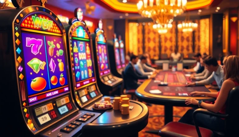 Engage with thrilling nổ hũ slot machines spinning vibrant symbols in a luxurious casino environment.