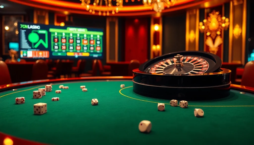 Experience the thrill of betting with 7mcn at an elegant casino table featuring poker chips and dice.
