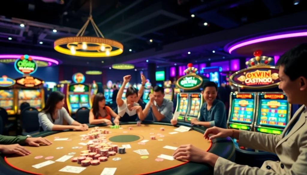 Players engaging in a thrilling card game at an Okwin casino table surrounded by vibrant slot machines.