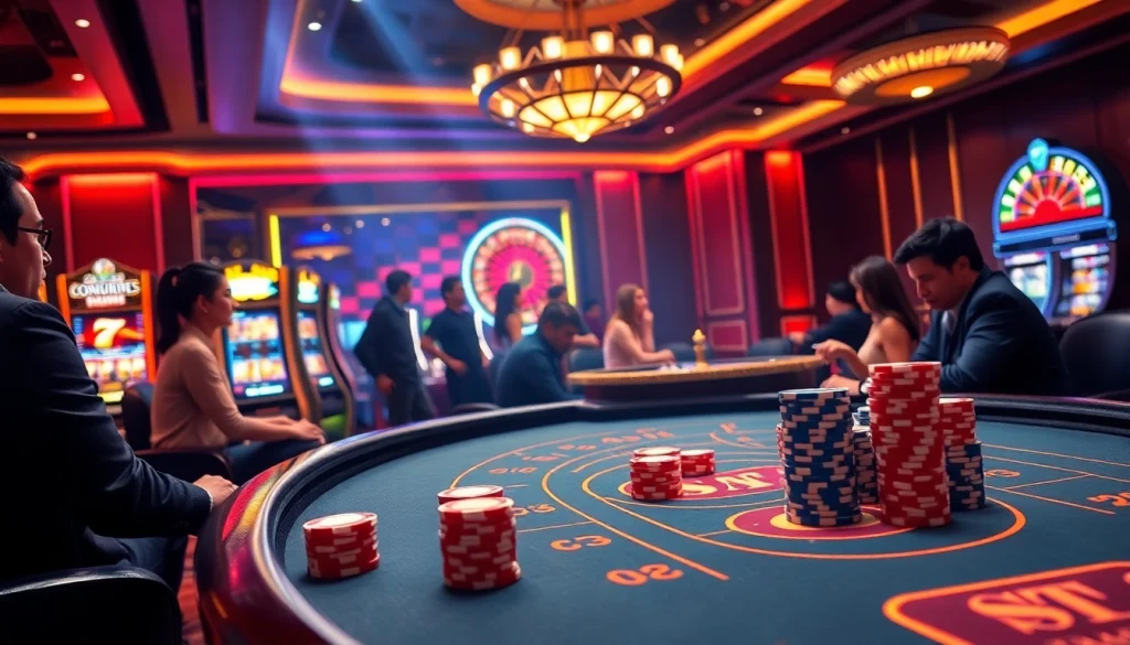 Experience intense gaming action at casino sky88 amidst stunning baccarat and slot machines.
