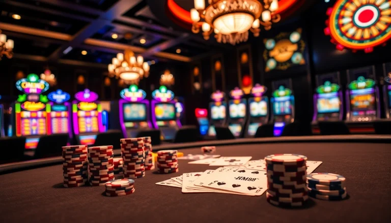 Engaging gamblers with HM88-themed poker chips and cards in a lavish casino setting.