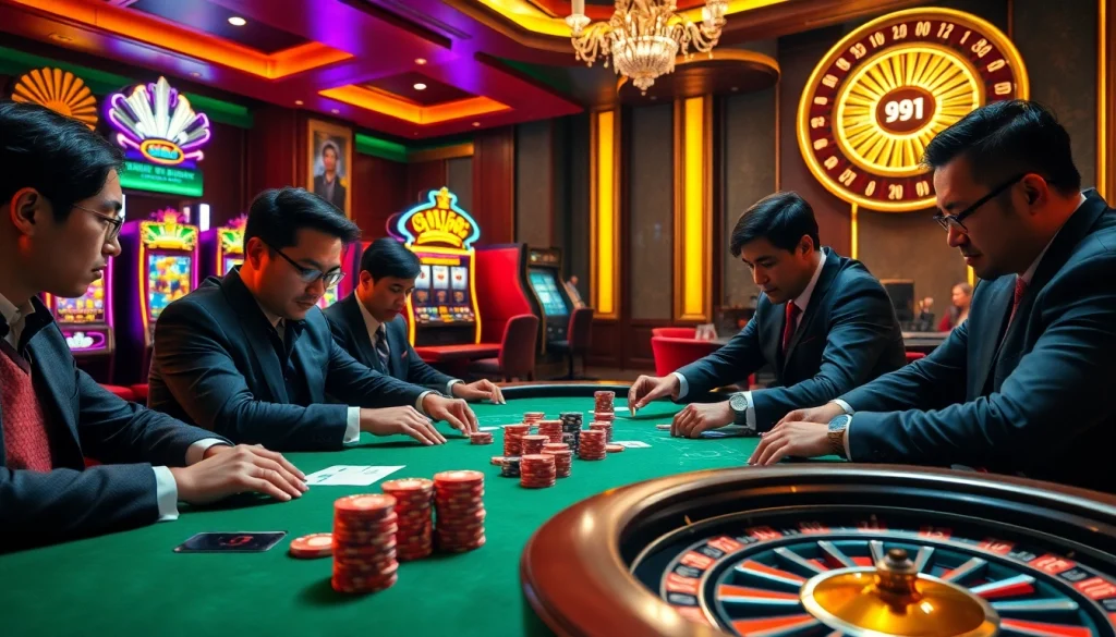 Players engaged in a high-stakes game at a 99win poker table, highlighting the thrill of casino gambling.