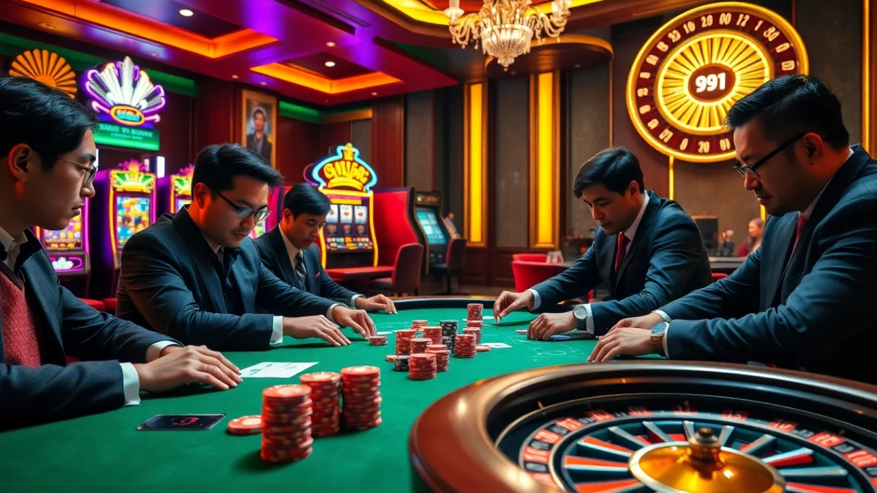 Players engaged in a high-stakes game at a 99win poker table, highlighting the thrill of casino gambling.