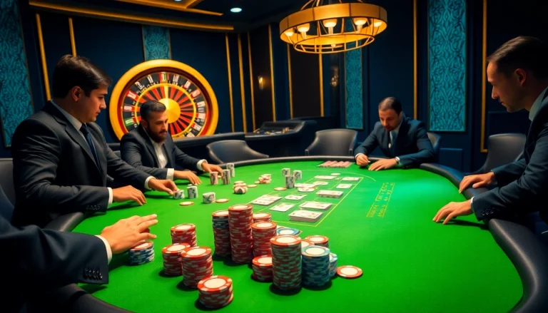 Experience the thrilling atmosphere of MM88 with professional poker players at an elegant table.