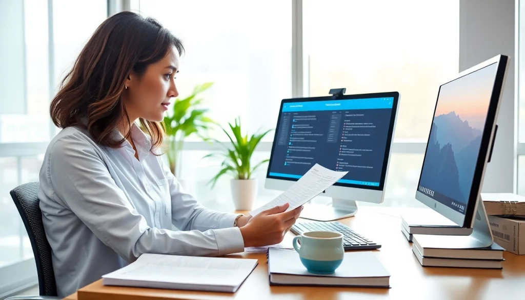 Certified translator reviewing documents in a professional office