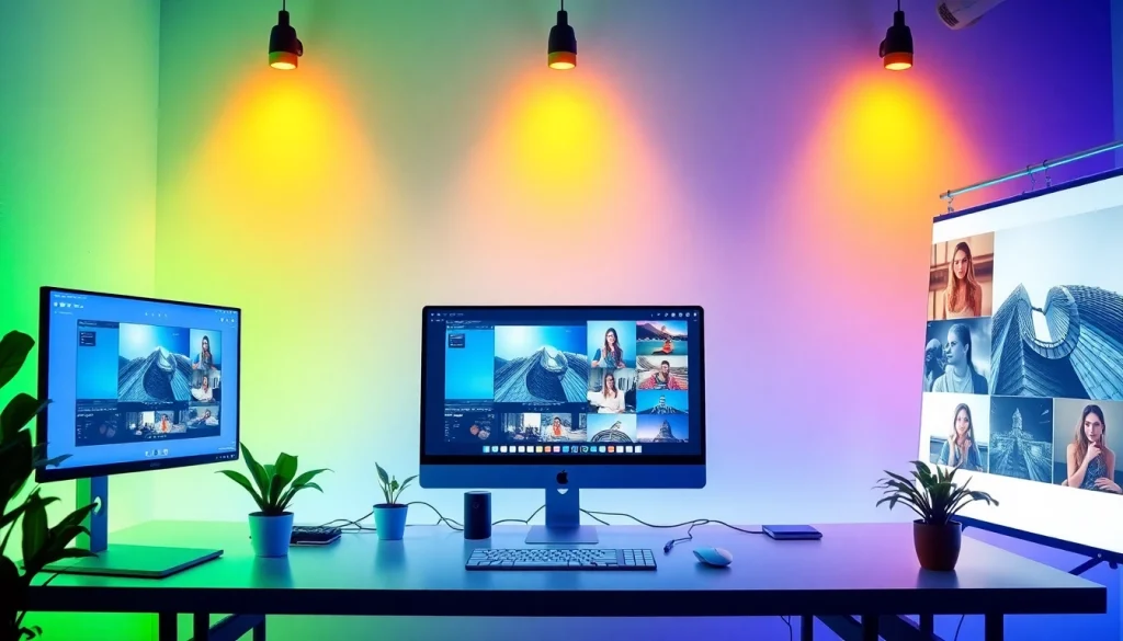 Nano banana pro interface shown on advanced computer displays in a vibrant workspace