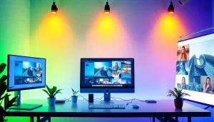 Nano banana pro interface shown on advanced computer displays in a vibrant workspace