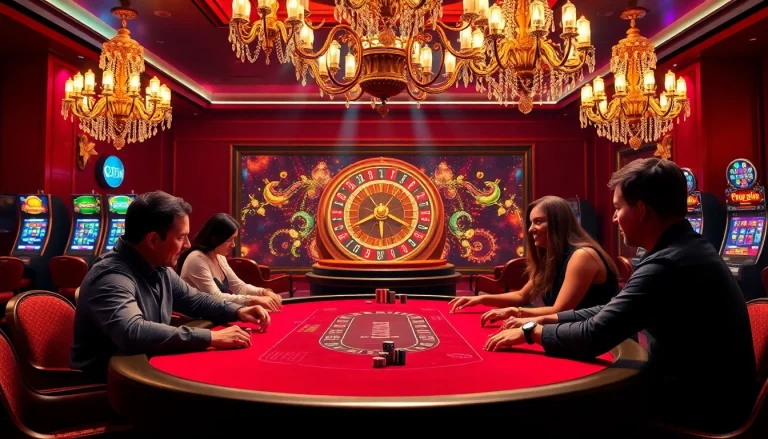 Gamblers enjoying a thrilling poker game at Okfun's luxurious casino.