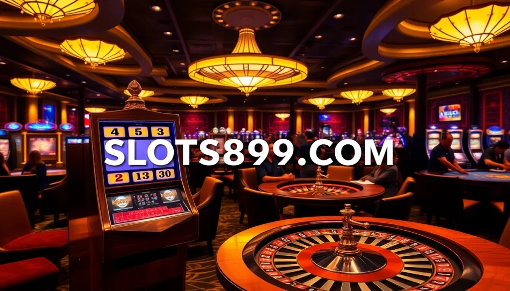 Exciting slot machine action at SLOTS899.COM with poker chips and roulette tables.