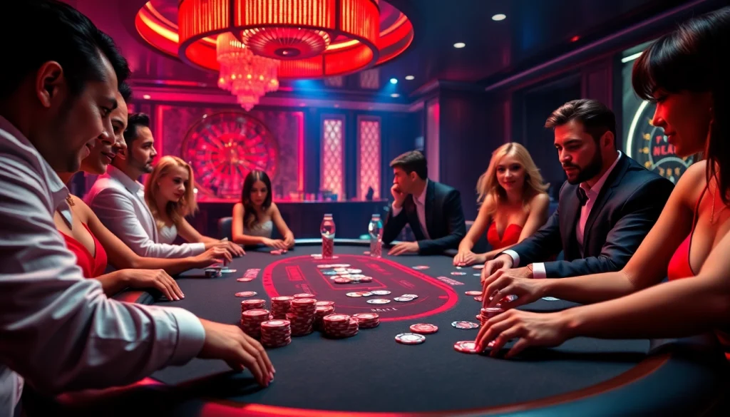 Engaged players at a luxurious poker table, embodying the excitement of https://mb66-t.com/ with red and white elegance.