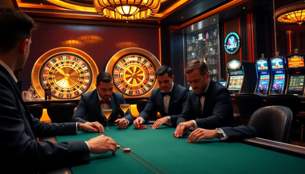 Players engaging in high-stakes poker at THABET, showcasing excitement and casino luxury.