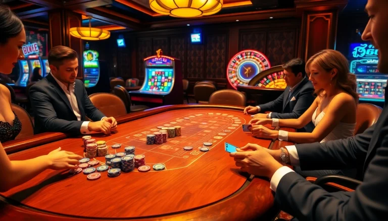 Players enjoying high stakes games at PG66 casino with vibrant chips and lights.