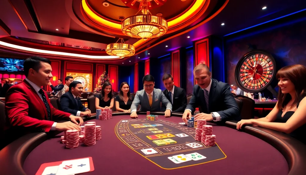 Players engaging at a casino table featuring https://vua99.day/ with chips and cards in a vibrant atmosphere.
