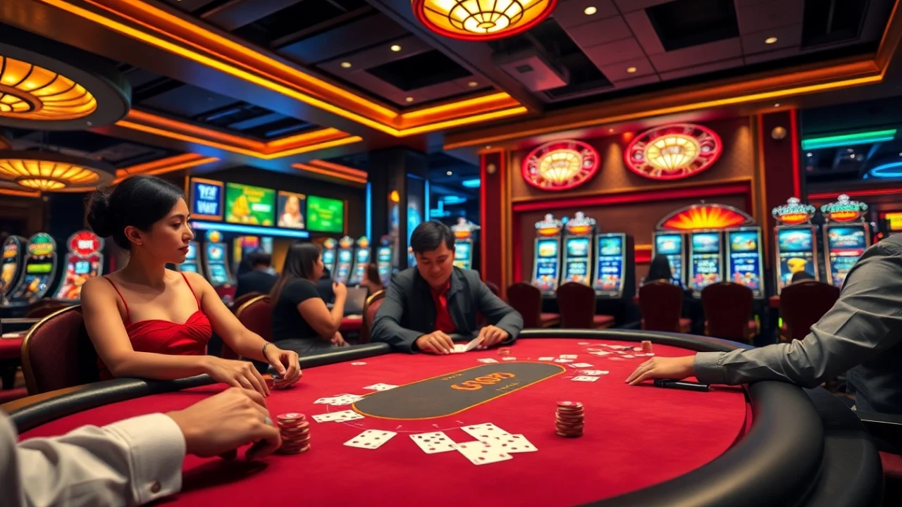 Players at the u888 poker table strategizing their next move in an upscale casino.
