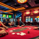 Players at the u888 poker table strategizing their next move in an upscale casino.
