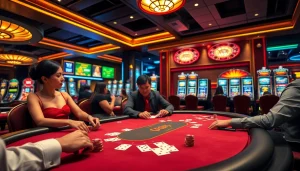 Players at the u888 poker table strategizing their next move in an upscale casino.