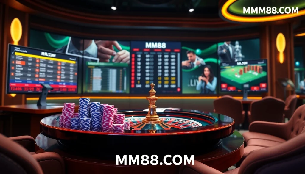 Experience the thrill of betting with MM88.COM in a luxurious online casino setting featuring cards and roulette.