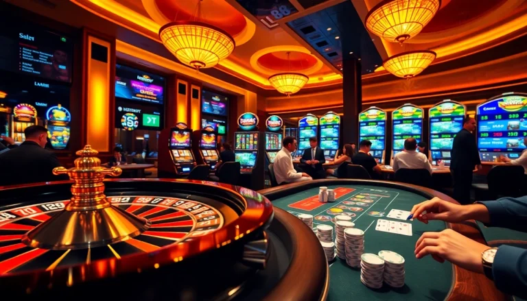 Engaging MM88 online gambling scene with poker, roulette, and vibrant slot machines.