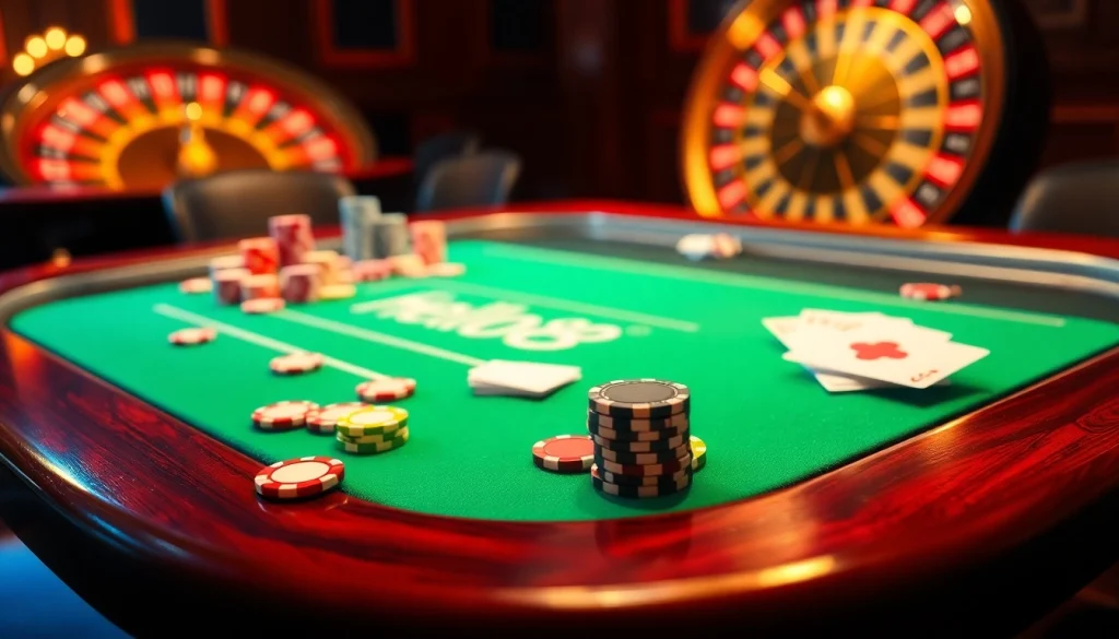 Exciting scene of a Hello88 poker table with vibrant chips and cards, inviting gamblers to play