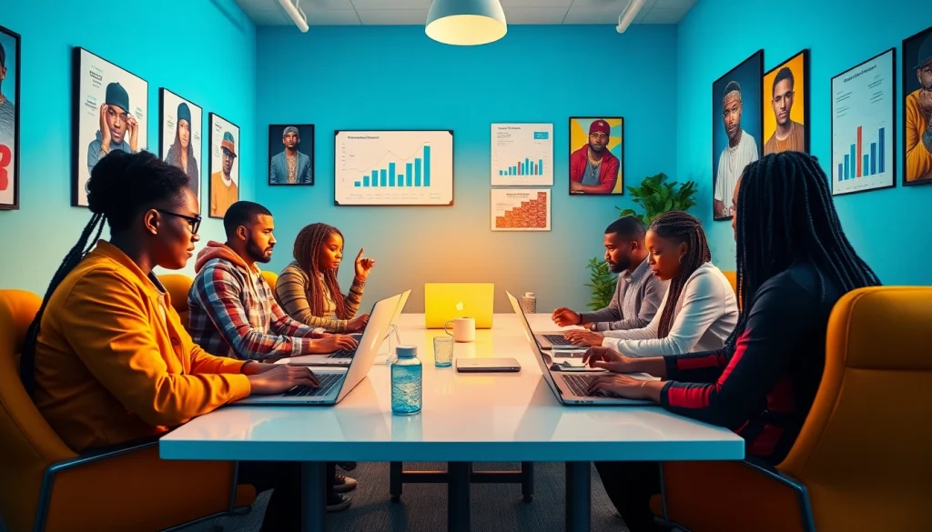 Hip hop PR agency team strategizing innovative marketing campaigns for artists