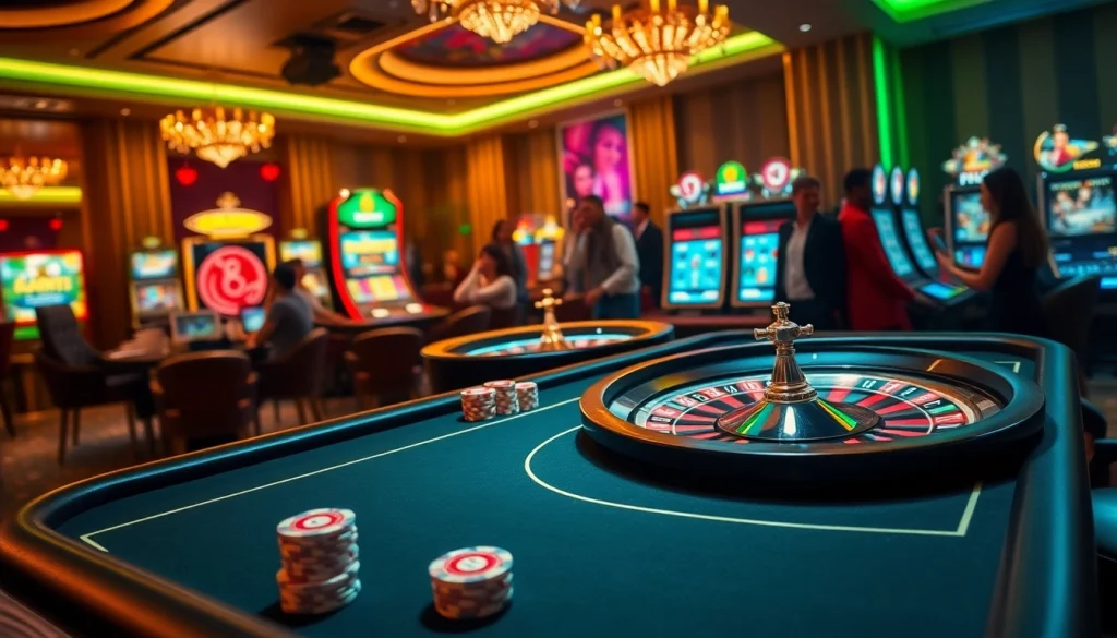 Experience the thrill of 789win gaming at a luxurious casino with poker tables and vibrant slot machines.