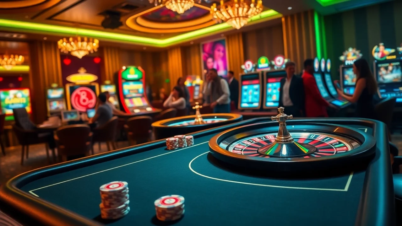 Experience the thrill of 789win gaming at a luxurious casino with poker tables and vibrant slot machines.