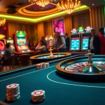 Experience the thrill of 789win gaming at a luxurious casino with poker tables and vibrant slot machines.