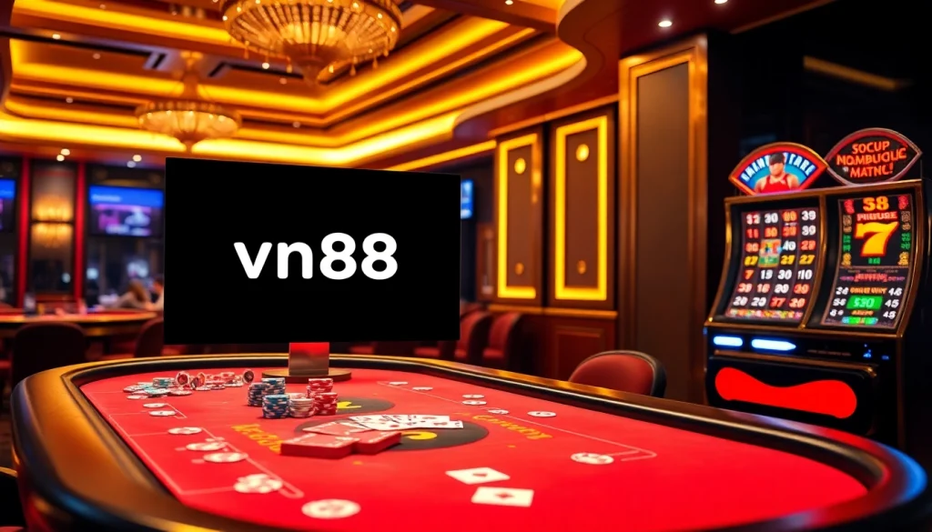 Playing exciting casino games at vn88 with vibrant poker chips and a roulette wheel.