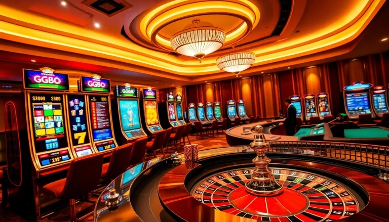 Engaging scene of GG88 online gambling featuring poker tables and vibrant slot machines.
