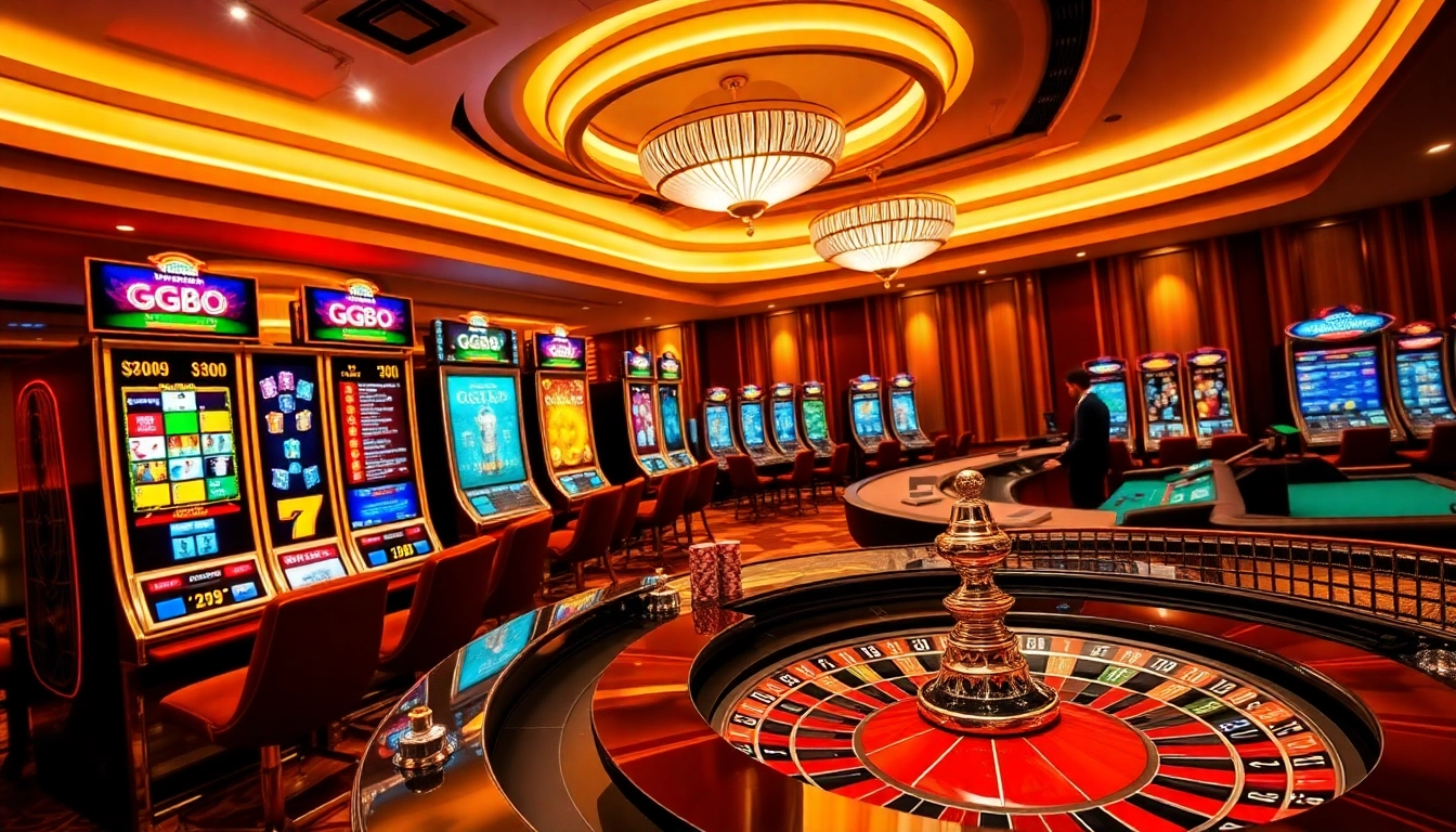 Engaging scene of GG88 online gambling featuring poker tables and vibrant slot machines.