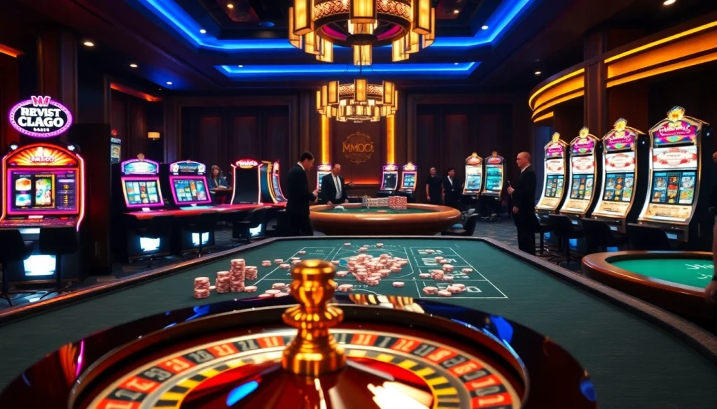 Experience the excitement of MMOO casino gaming with a vibrant table scene and spinning roulette wheel.