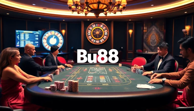 Players enjoying a thrilling poker game at Bu88 casino with vibrant chips and cards.