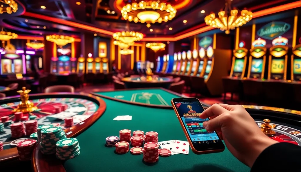 Experience the thrill of F168 with vibrant casino tables and roulette wheels.